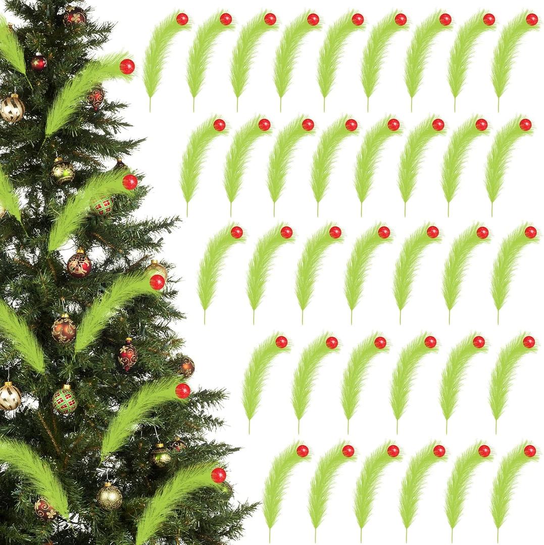 36 Pcs Christmas Tree Topper 17'' Lime Green Curly Tree Picks with Red Ball Xmas Artificial Green Stems for Winter Holiday Home Wreath Craft Decoration Supplies