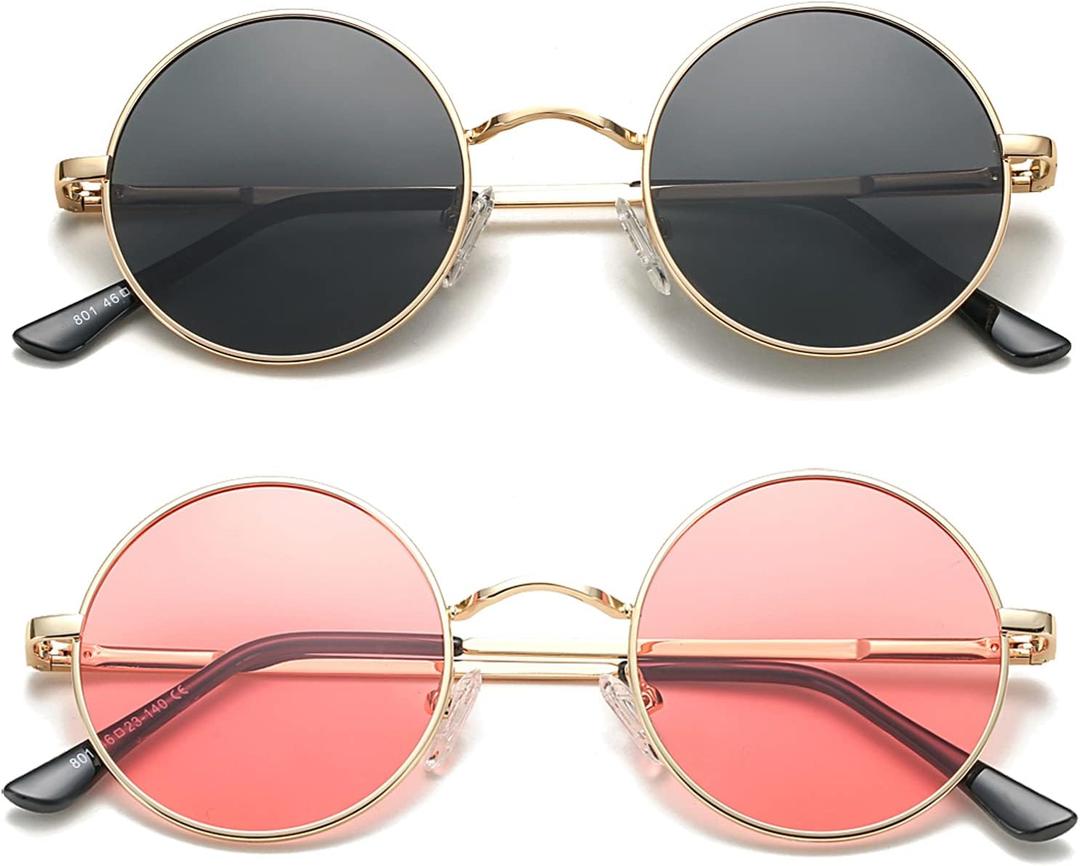 COASION Retro Small Round Polarized Sunglasses for Women Men Circle UV400 Sun Glasses (C4* Gold/Grey + Gold/Clear Pink - 2 Pack)