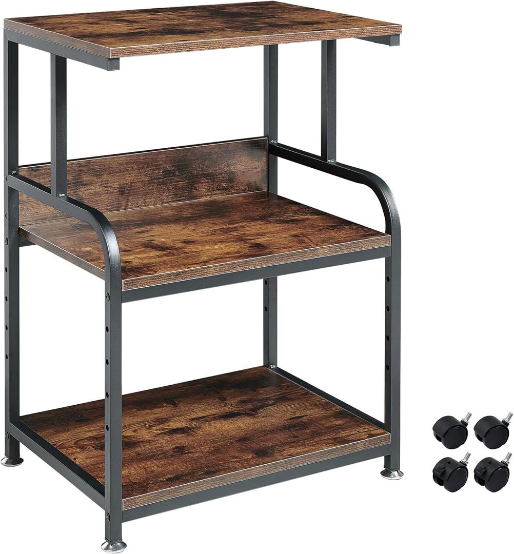 Printer Table Stand with Height Adjustable Shelf, 3 Tier Rolling Printer Cart with Wheels for Home Office Storage and Organization, Industrial Style (Rustic Brown)