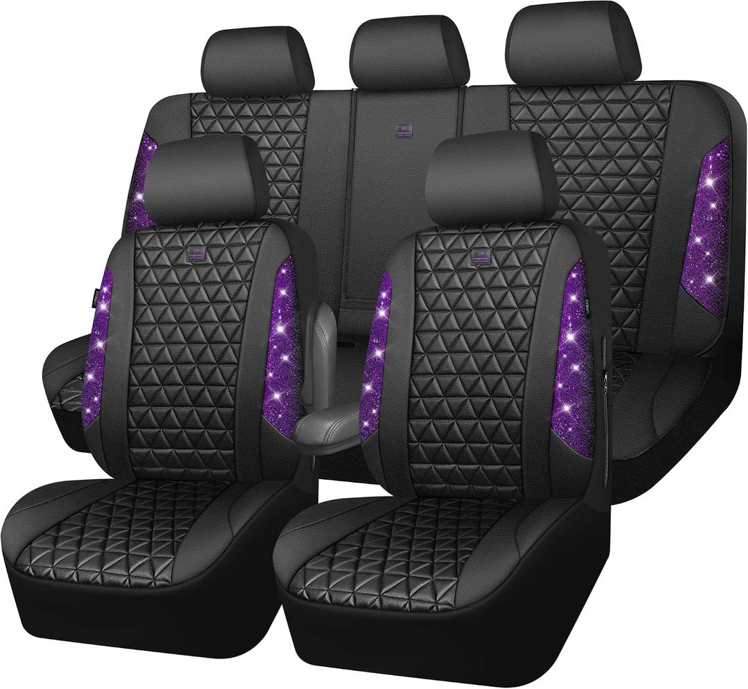 CAR PASS Bling Diamond Leather Car Seat Covers Full Seats Interior Sets, Waterproof Shining Glitter Sparkly Crystal Universal Armrest Fit Automotive Truck SUV Cute Women Girl, Black Purple Rhinestone