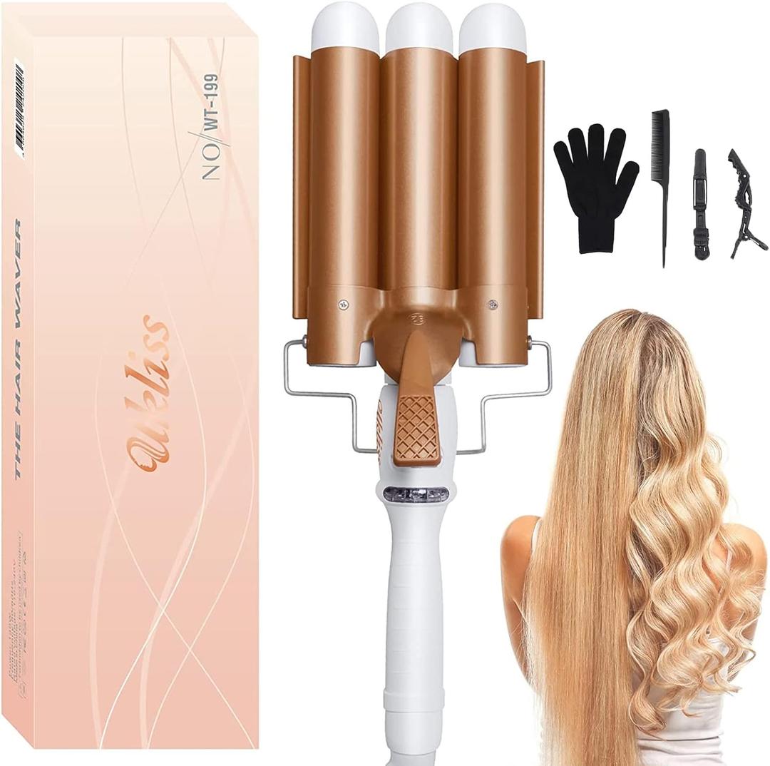 Large 3 Barrel Curling Iron, Hair Waver 3 Barrel & Crimper Curling Wand for Beach Waves, 1.25" Ceramic Tourmaline Waver Curling Iron, LCD Adjustable 14 Temperature 80-210 ℃, 32mm Hair Curlers