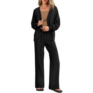 Tankaneo Womens 2 Piece Sweater Sets Oversized Tie Front Cardigan Elastic Waist Pants 2025 Matching Loungewear (Black, S)