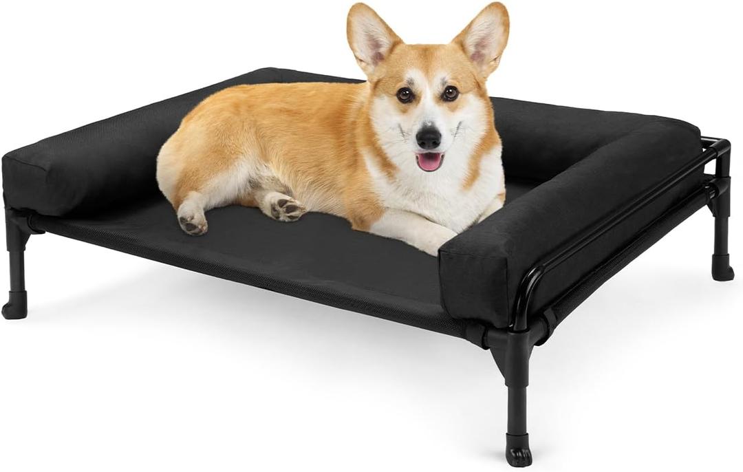 Veehoo Elevated Raised Dog Bed-Cooling Outdoor Dog Cot Bed for Medium Sized Dogs Three-Sided Fence Raised Pet Cot with Mesh & No-Slip Feet Dog Hammock Bed with Removable Bolster-29 x 18" Black