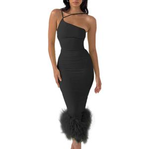 Womens Feather Hem One Shoulder Dress Sleeveless Bodycon Split Long Dress Cocktail Party Outfits (Medium, Black)