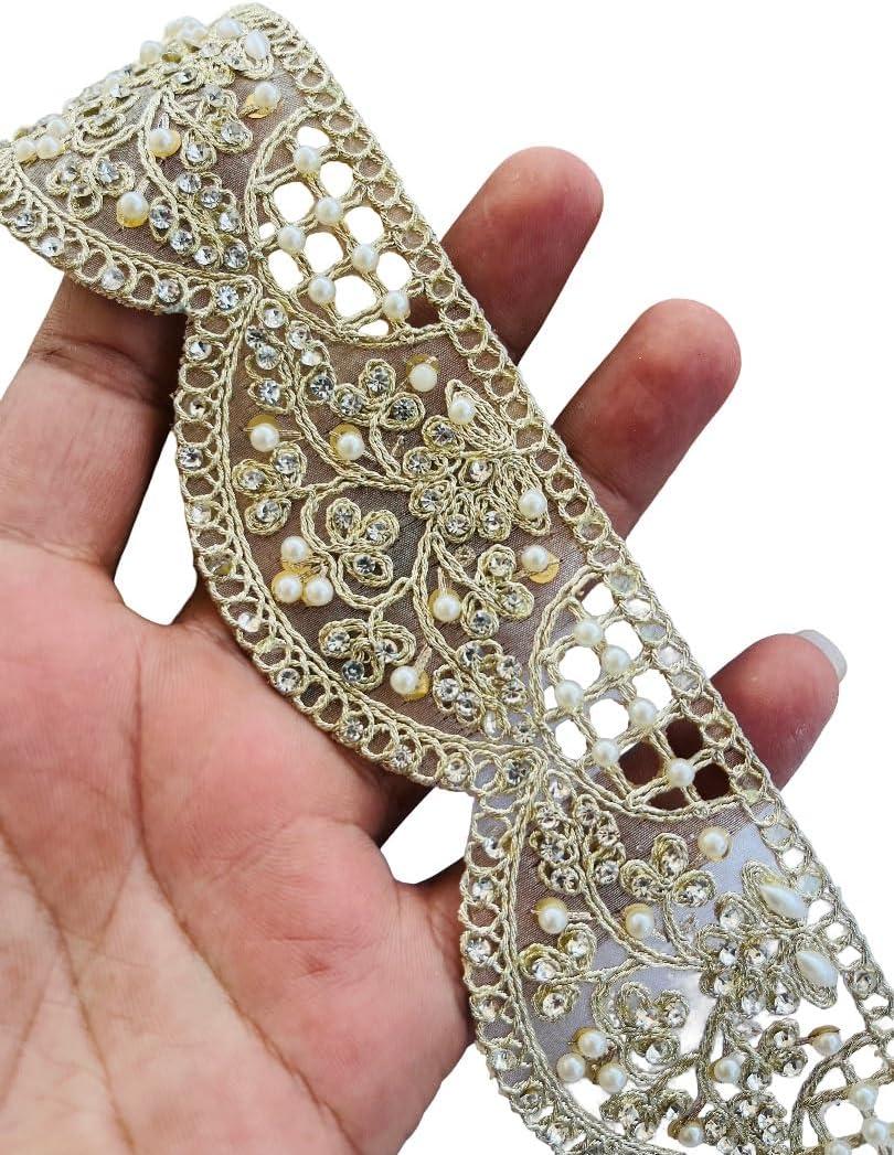Pearl Embellished Pale Golden Zircon and Mirror Trim  2 Inch Wide Handmade Lace for Sarees, Dresses, Dupattas, Home Decor | Available in 1, 3, 6 Yard (1)