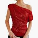 GRACE KARIN One Shoulder Sequin Sparkly Tops for Women Ruched Asymmetrical Glitter Tops Slimming Sparkle Party Shirts Size 2XL