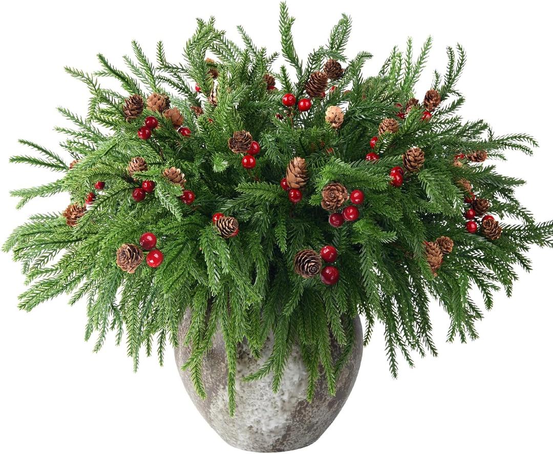 Hommyea 10 Pcs Artificial Christmas Norfolk Pine Stems with Pine Cones and Red Berries Branches 16" Real Touch Norfolk Pine Branches Faux Greenery Picks for Vase DIY Garland Xmas Indoor Outdoor Decor