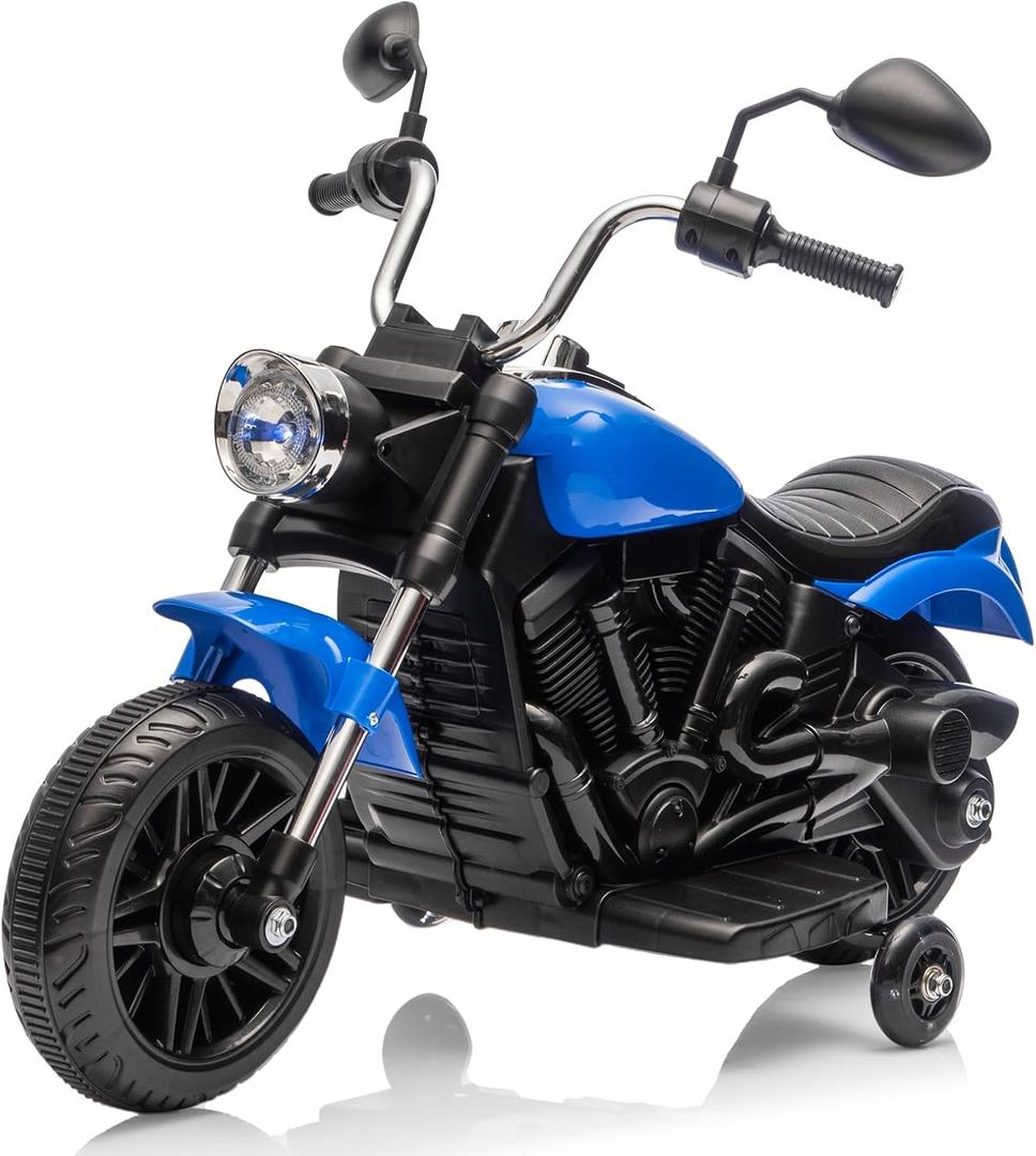 Kids Motorcycle, 12V Battery Powered Electric Motorcycle, 3-Wheel Ride On Motorcycle w/Training Wheels, Reverse, Headlight, Horn, Music, Ride On Toy for Kids Toddler Boys Girls Ages 3-5 Years (Blue)