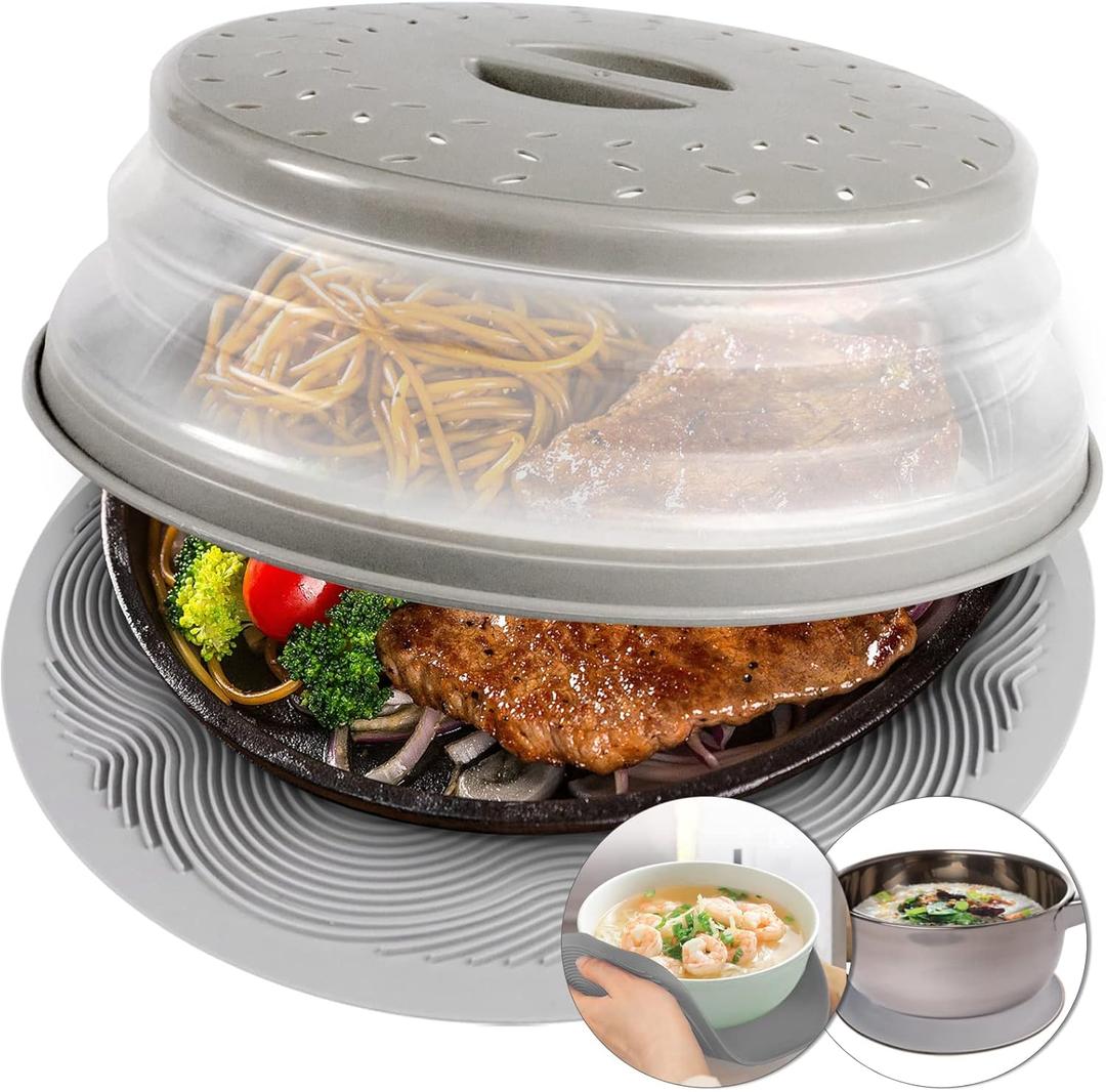 2 in 1, Aidacom Microwave Place Mat & Food Cover- Mat as Bowl Holder, for Splatter Guard, Multi-use: Silicone Trivet, Pot Holders, Drying, Baking, Utensils Rest for Kitchen Counter, Grey (Gray)