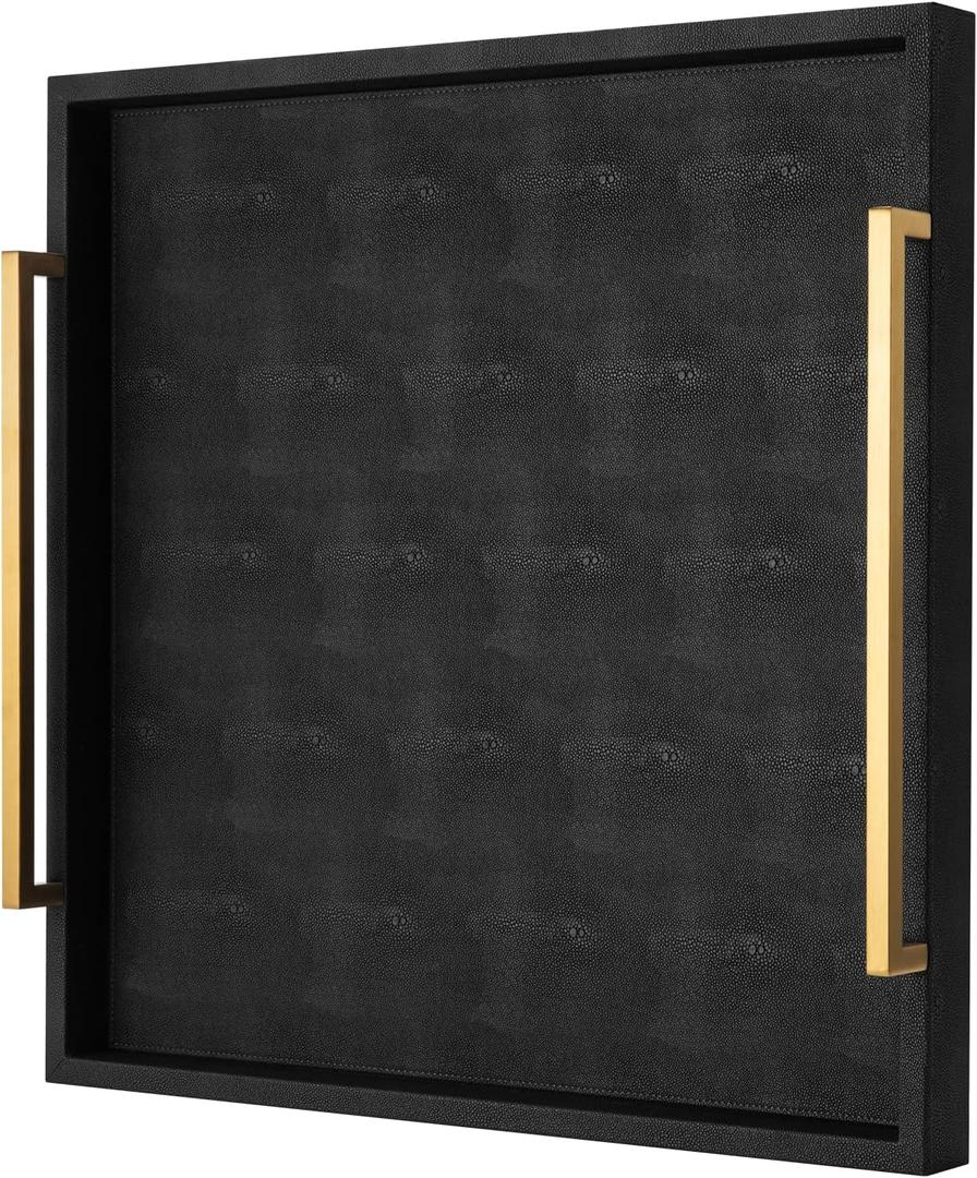 Extra Black Large Serving Tray with Handles for Ottoman,Versatile Shagreen Leather Square Ottoman Tray for Living Room (20" x 20" x 3")