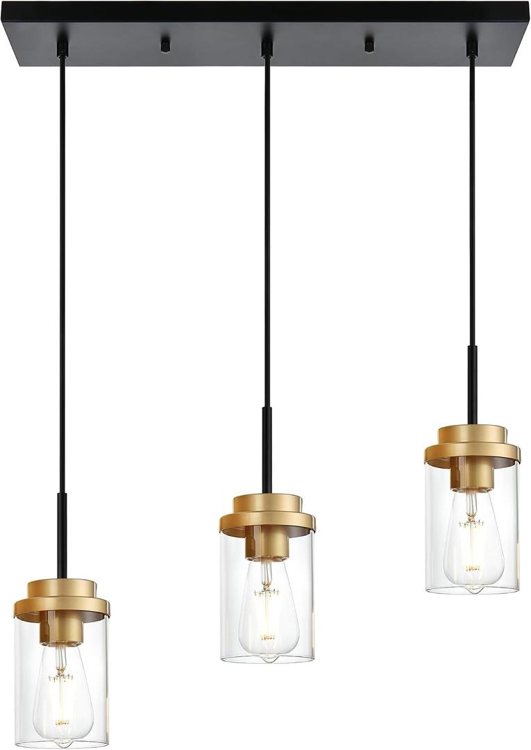 MELUCEE 20.5 Inches Dining Room Light Fixture Hanging 3-Lights Kitchen Pendant Light Fixture Over Island Black Ceiling Hanging Lamp with Clear Glass Shade, Gold Socket, 3 Lights-1 Pack Linear