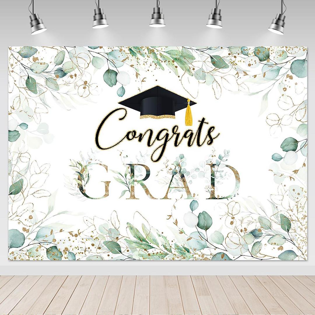 Mocsicka Greenery Graduation Backdrop 7x5ft Congrats Grad Class of 2025 Graduate Party Background Green Golden Leaves Graduation Party Decorations Photography Background