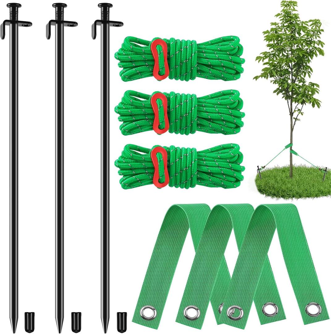 Tree Stakes, 3 Pcs 15.8 Inch Heavy Duty Steel Stakes and Supports Kit for Leaning Young Trees Straightening Against Strong Wind Bad Weather, 3 Pcs Support Straps and 13.2ft Ropes for Anchoring