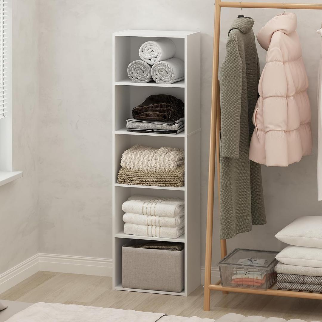 Furinno Reed Closet Organizers and Storage, 5-Tier Closet Organizer, Open Shelf Closet Storage, for Wardrobe, Bedroom, Living Room, White, 5-Tier, 15.8"W