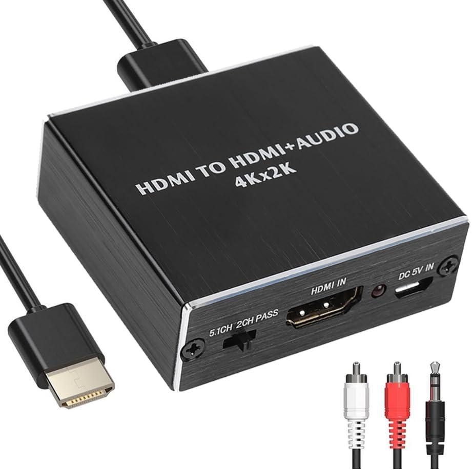 HDMI Audio Splitter, 4K x 2K HDMI Audio Extractor HDMI to Optical Spdif Toslink with HDMI and 3.5mm Stereo Audio Converter Adapter, Pass / 2.0CH / 5.1CH 3 Audio Mode