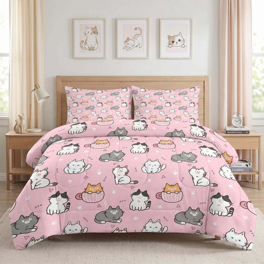 Twin Size Bedroom Comforter Set with 1 Pillowcase, Cute Cartoon Pet Cat Paws Kittens Themed, Bedding Decor Cool Funny Lovely Pink Baby Cats Animal Girls Soft Cozy Bed Set for Kids and Adults