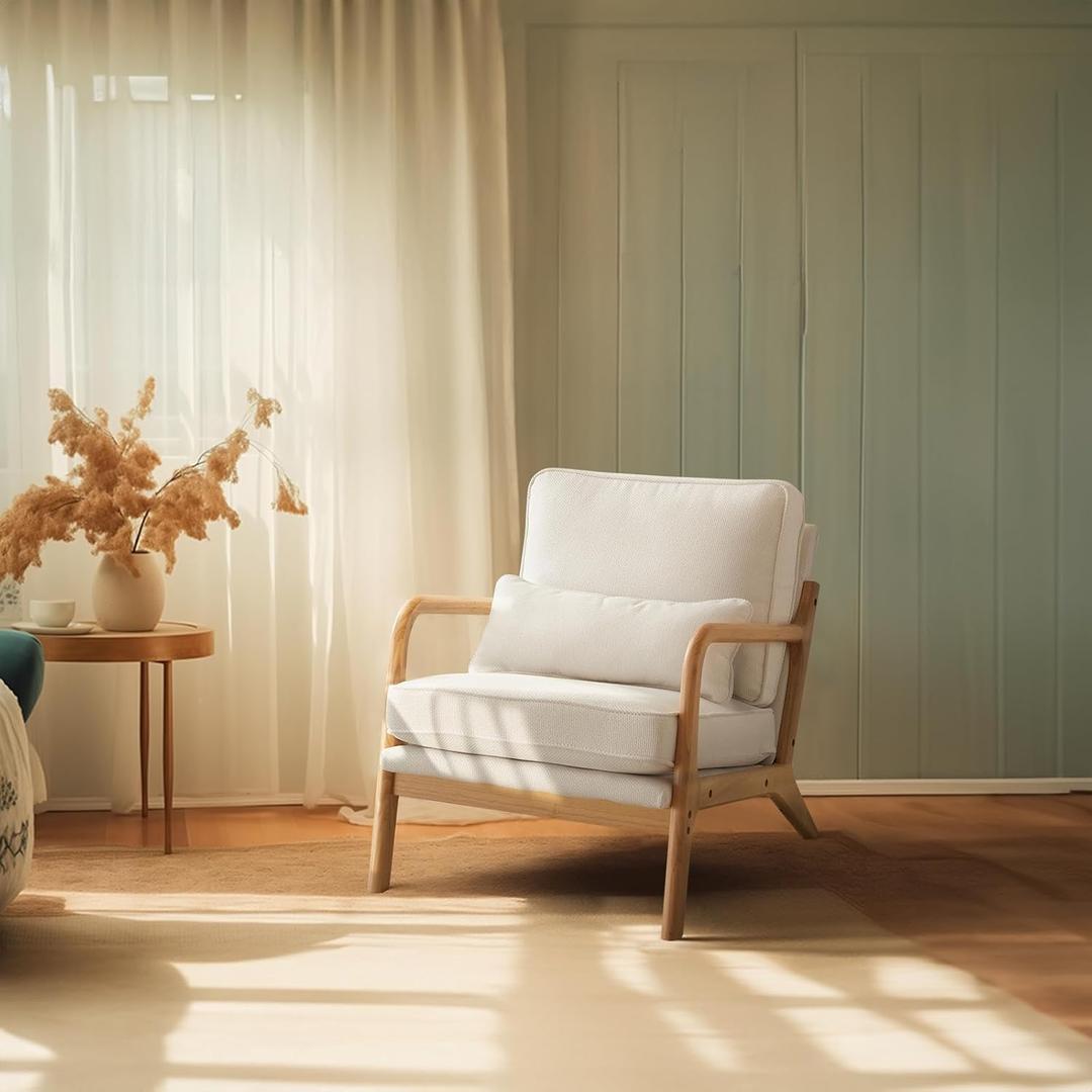 Bonnlo Coarse Linen Beige Mid Century Modern Accent Chair, Soild Wood Padding Lounge Armchairs Side Sitting Chairs for Living Room, Bedroom, Guest Room