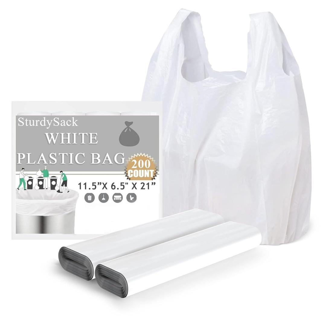 Plastic Bags, (11.5x 6.5" x 21)(200Pack) White Plastic Shopping Bags with Handles for Small Business Grocery T Shirt Bag Reusable and Disposable, in Bulk