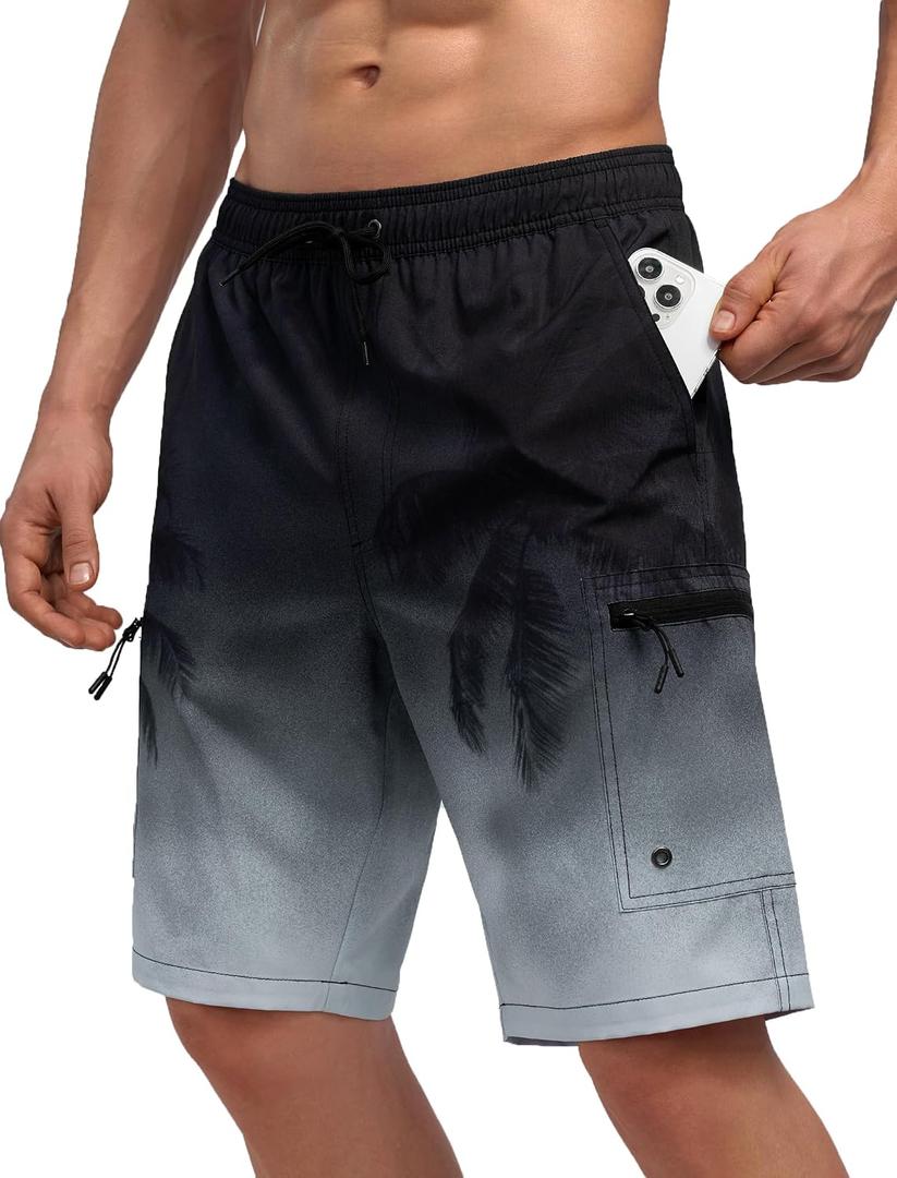 Mens Swim Trunks with Compression Liner Zipper Cargo Pockets Bathing Suit 9 Inch Quick-Dry Swimming Shorts (Black, L)