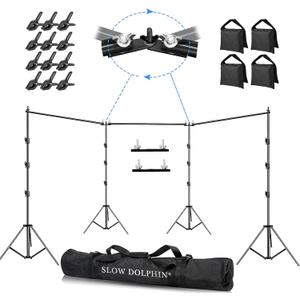 SLOW DOLPHIN Photo Video Studio 30ft (Wide) x 10ft (Tall), Degree Crossbar Rotatable, Angle Adjustable Triple Crossbar Extender Mount, Photography Background Support System, Sand Bags, Clamps