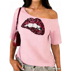 Women's Off Shoulder Tops Sequin Y2k Tops 2026 Spring Tshirts Skeleton Graphic Tees 80s 90s Outfits Going Out Clothes, Medium
