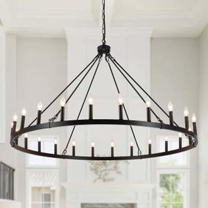 24-Light Black Wagon Wheel Chandelier for Living Room 52 Inch Farmhouse Chandeliers Large Round High Ceilings Light Fixtures for Entryway Dining Room Foyer Kitchen Island