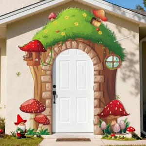 Forest Theme Fairy House Door Banner Backdrop VBS Fairy Party Decorations Large Forest Mushroom Tree Photo Props Porch Banner Mushroom Background Hanging Decor for Baby Shower Birthday Party Supplies