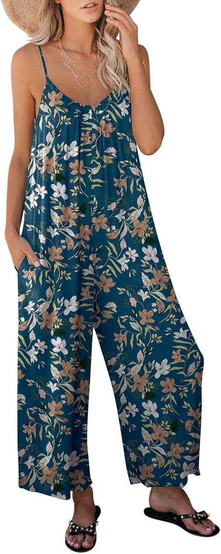 ANRABESS Women Jumpsuits 2026 Casual Sleeveless Spaghetti Strap Boho Wide Leg Rompers Summer Outfits Beach Vacation Clothes (Blue, S)