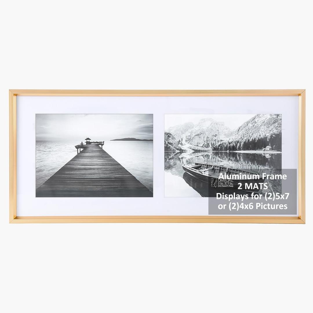 5x7 2-Opening Picture Frame Gold Aluminum Metal Molding Photo Frames with 2 Mats and HD Plexiglass for 5x7 or 4x6 Pictures Display, Tabletop Stand and Wall Mounting