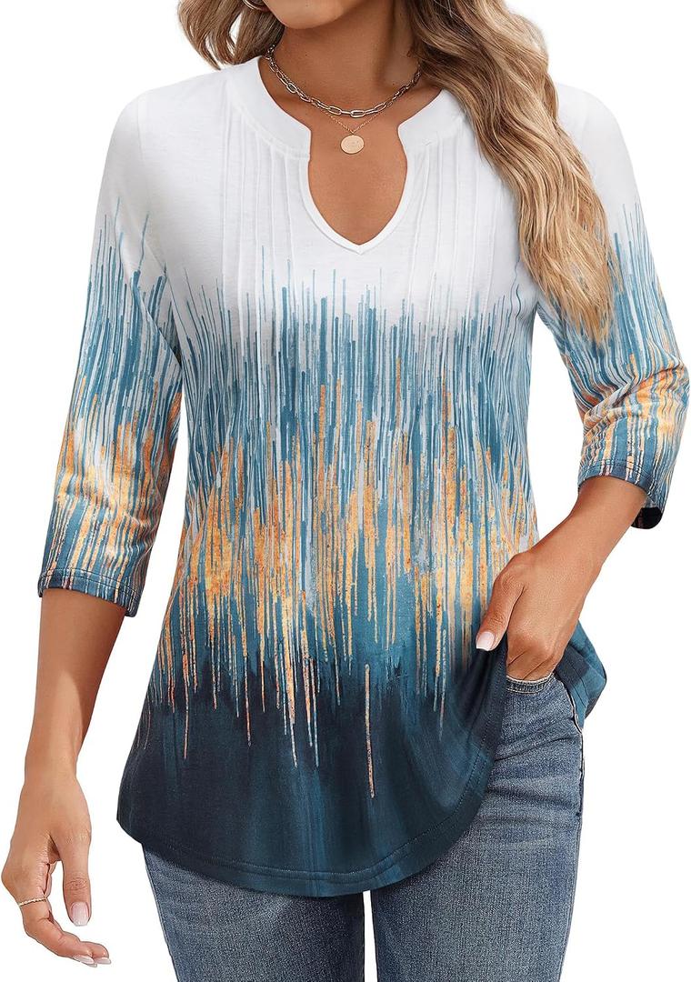Uhiger Womens 3/4 Sleeve Tops Business Casual Blouses V Neck Pleated Shirts Peasant Tunic Tops Dressy Casual Work Outfits (S)