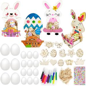 Cinrobiye 6 Set Easter DIY Wooden Crafts KitBuild & Paint Unfinished Bunny Basket Coloring Set, Creative Art Project & Bulk Painting Kit for Toddler School Activities & Party Favors