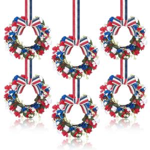 6 Pcs Patriotic Wreaths Mini 4th of July Red White Blue Artificial Cabinet Wreaths with Ribbon Bows Memorial Day Window Hanging Wreath for Independence Day Porch Front Door Decor