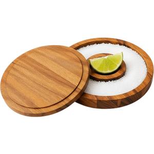 OVENTE Margarita Salt and Sugar Rimmer with Lid, Acacia Wood Glass Rimmer for Cocktail Drinks, Mess-Free Bar Salt Container, Bartender Tool for Coating Mojito, Bloody Mary and More, Brown AWCR616B