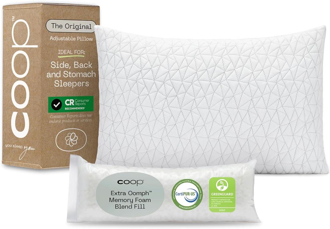 Coop Home Goods Original Adjustable Pillow, Queen Size Bed Pillows for Sleeping, Cross Cut Memory Foam Pillows - Medium Firm Back, Stomach and Side Sleeper Pillow, CertiPUR-US/GREENGUARD Gold (Queen, Original White)