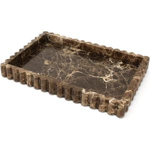 YMXYJM Natural Marble Tray for Bathroom, Real Stone Decorative Vanity Tray with Fluted Edge, Large Marble Serving Storage Tray for Kitchen Counter, Dresser, Home Decor, 11.8" x 8", Dark Brown