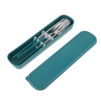 Unique Bargains Flatware Sets Dishwasher Safe Waist-Designed Spoon Fork Chopsticks 3-Piece Set with Box Deep Green Silver Tone 9.33"x2.36"x2.36" 1 Set
