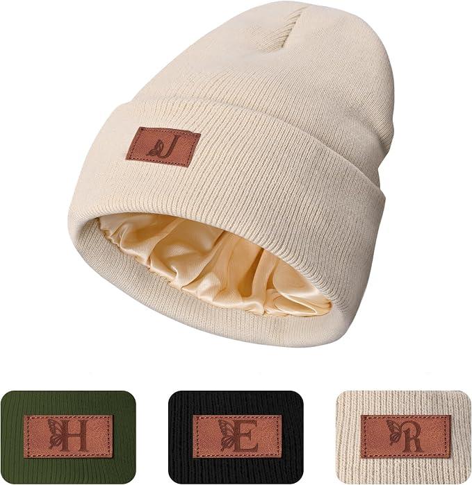 Personalized Satin Lined Knit Beanie Winter Hats Valentines Gifts for Women | Initial Letter Knitted Cuffed Beanies