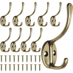 10 Pack Coat Hooks Wall Mounted with 20 Screws, Heavy Duty Antique Brass Towel Hooks Metal Double Hooks, No Rust Retro Rustic Wall Hooks for Hanging Towel, Coat, Scarf, Bag, Hat, Cup, Key