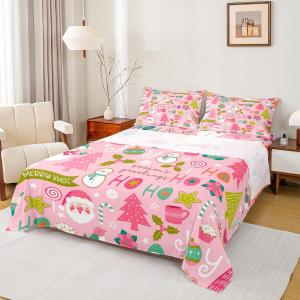 Erosebridal Pink Christmas Bed Sheets, Cartoon Santa Claus Sheet Set Twin for Kids Boys Girls Women Bedroom, Snowman Pine Fitted Sheet + Christmas Tree Cute Deer Top Sheet + 1 Xmas Decor Pillow Case