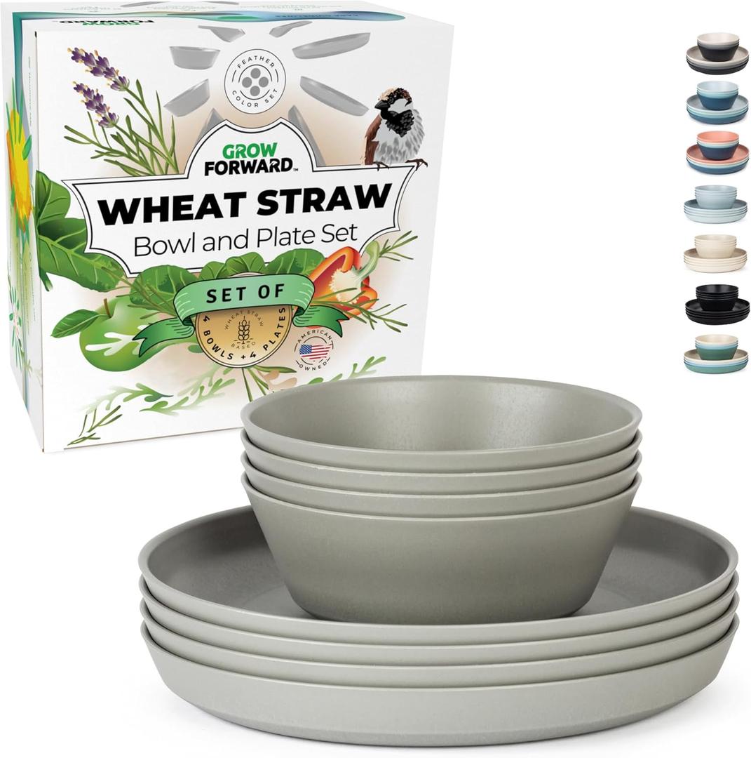 Grow Forward Premium Wheat Straw Plates and Bowls Sets - 8-Piece Wheat Straw Dinnerware Sets - Unbreakable & Reusable Microwave Safe Plastic Dinner Plates for Outdoors, RV, Camping Dishes - Feather