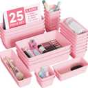 BiuLeon 25 PCS Plastic Drawer Organizers Set, 4-Sizes Vanity and Makeup Organizer, Desk and bathroom Drawer Organizer Trays, Organizers and Storage for Makeup, Jewelry, Gadgets, Utensils (Pink)