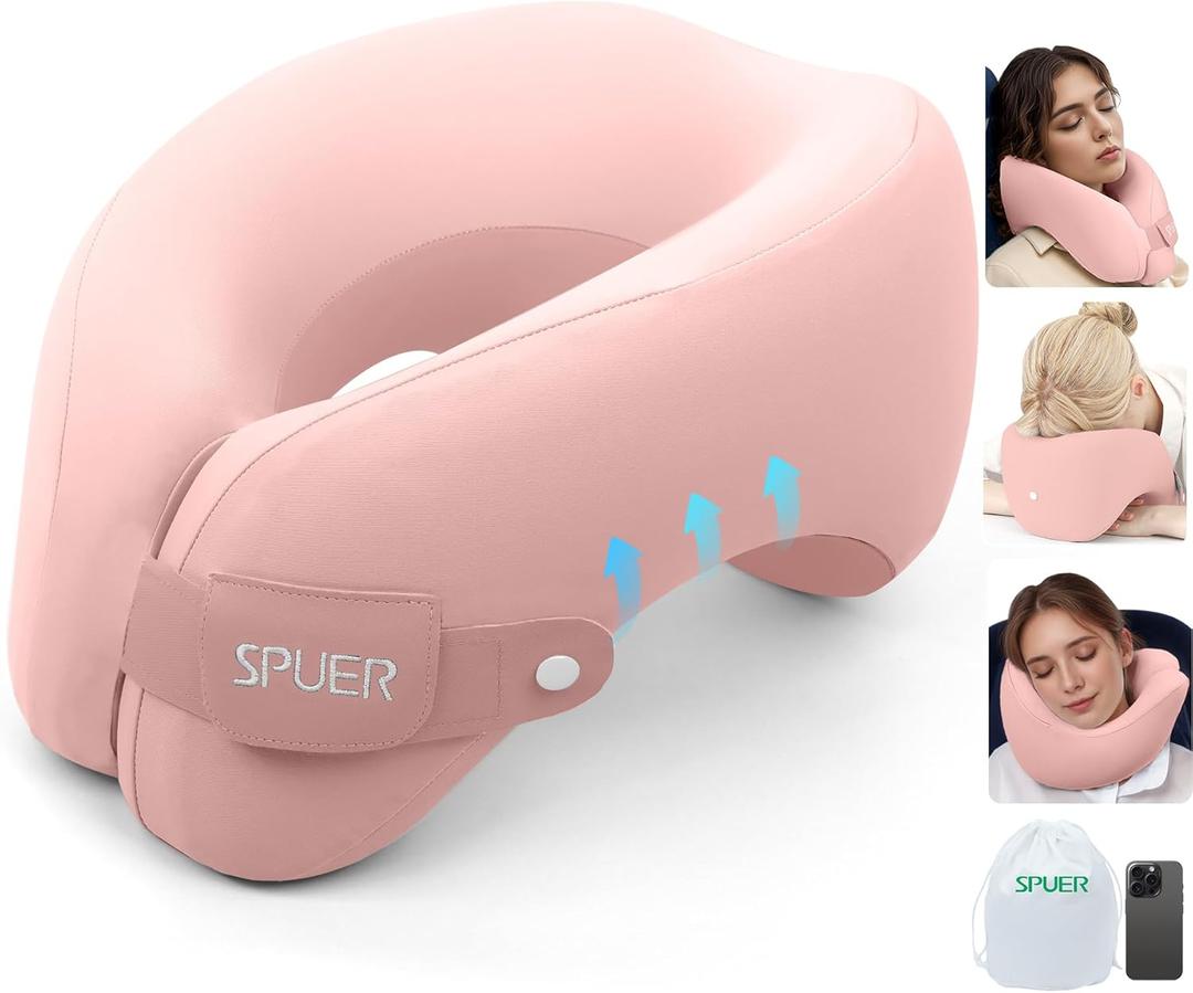 2in1 Ergonomic Memory Foam Travel Neck Pillow  2025 Upgrade Travel Pillow for All Sleep Positions on Flights, Road Trips, and Long Distance Travel with Drawstring Bag (Adjustable - Pink)