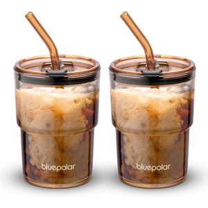 13oz/400ml Glass Water Tumbler with Straw and Lid Sealed Carry On Thick Wall Iced Coffee Cup Glass Cup for Water, Iced Tea Fruit Juice Etc (Amber-2PACK)