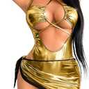 Kaei&Shi Metallic Swimsuit,Cut Out Keyhole Backless Sexy Thong Bodysuit,Rave Outfit for Women Festival Concert Outfits (12-14, Gold)