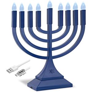 Zion Judaica 9" LED Hanukkah Menorah Blue Powered by Batteries or Included 3' USB C Cable Flameless Chanukkah Candles Holder LED Electric Minorah Bulbs Chanukah Decoration Lights Hanukkiah