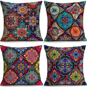 Colourful Bohemian Geometric Throw Pillow Covers, 18X18 inch Set of 4 Square Modern Outdoor Pillow Cases Decorative Cushion Covers, for Home Couch Sofa Car Decor
