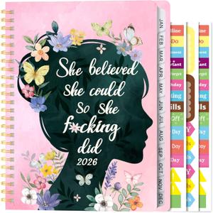 Xqumoi 2026 A5 Planner - Pink Wildflower Sweary Weekly and Monthly Writing Notebooks for Girls Women, Jan. 2026 - Dec. 2026, Hardcover Calendar with Tabs Stickers Back Pocket Twin-Wire Binding