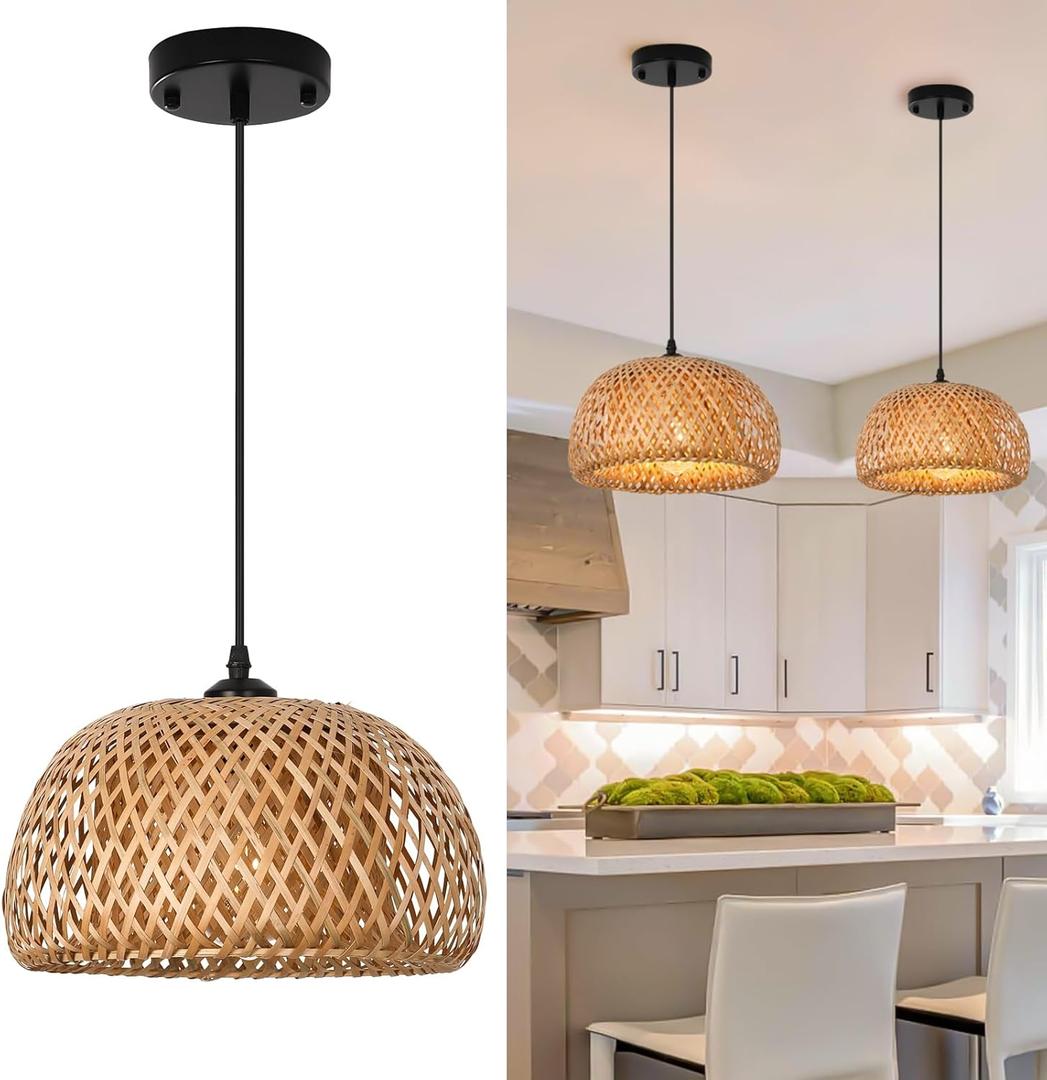 DELIPOP Pendant Light, Rattan Pendant Light Boho Light Fixtures Ceiling Hanging, Bamboo Woven Wicker Light Fixtures Ceiling Hanging for Kitchen, Living Room, Dining Room, Bedroom (Yellow) 1 Pc