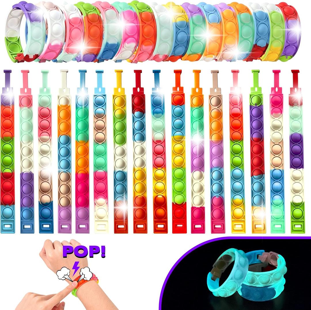 32 PCS Bracelets Glow in The Dark Pop it Fidget Toy, Rainbow Party Favors, Stress Relief Wristband Set, Push Bubbles Sensory Autistic Pack Kids Ages 5 8 12 Adult Student Gift (Radiant Ruby)