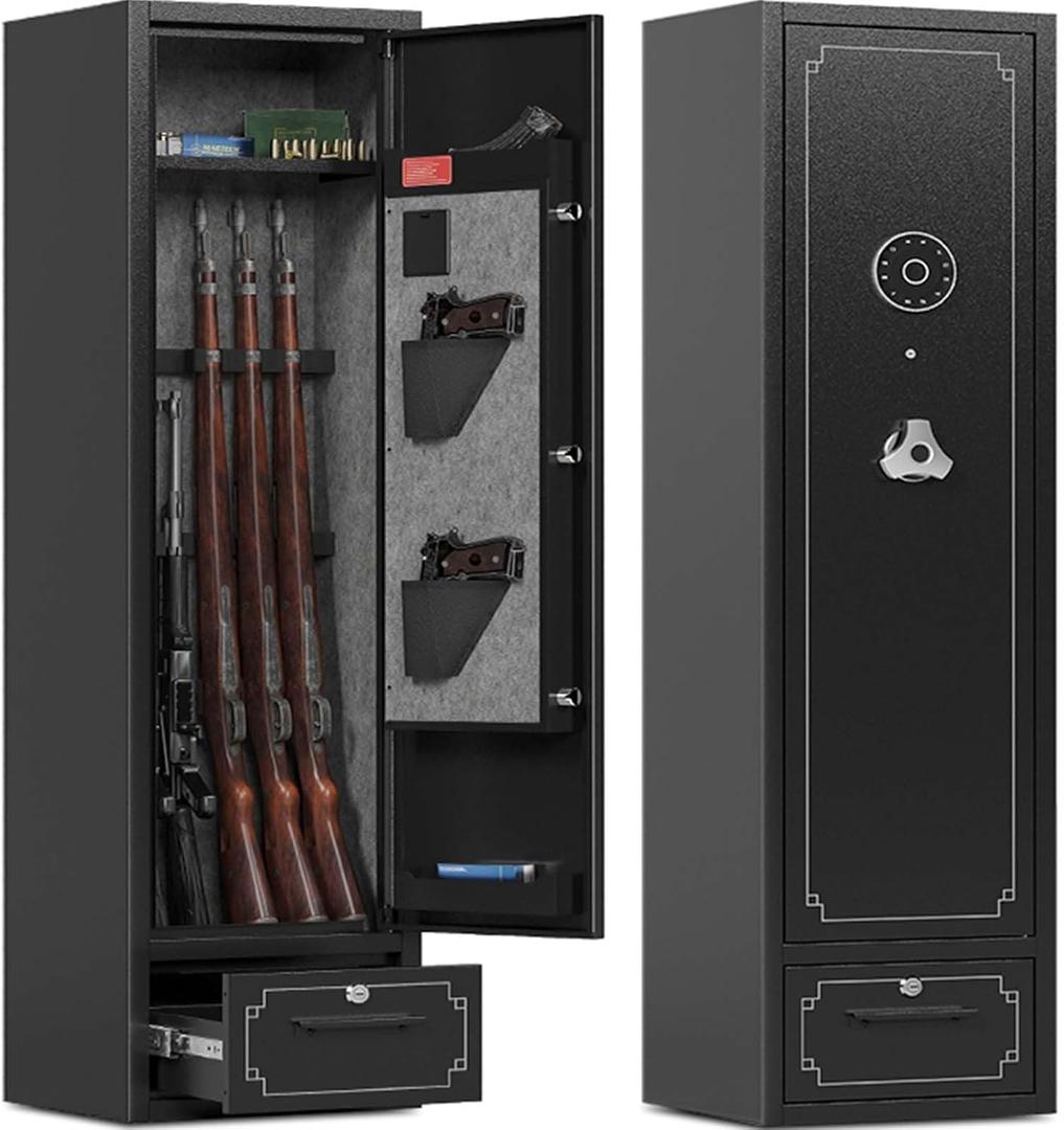 Gun Cabinet 5-6 Gun Safe for Rifles and Pistols with Removable Shelf & Drawer Fully Assembled Rifle Safe with Pistol Bags and Stock Rifle Safe for Home Security, Fits Shotguns & Rifles